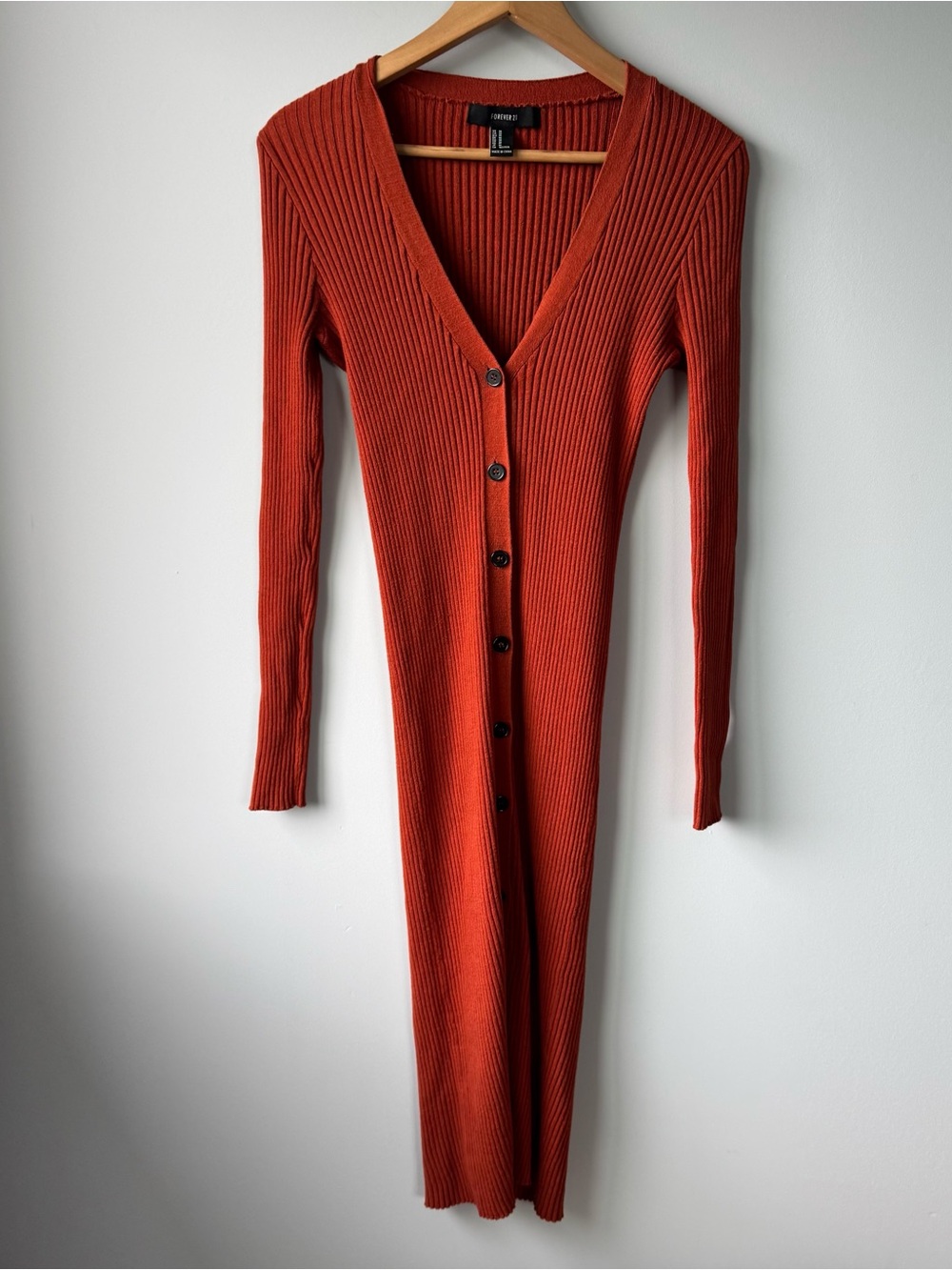 Forever 21 Ribbed Button-Front Long Sleeve Dress in Rust Orange